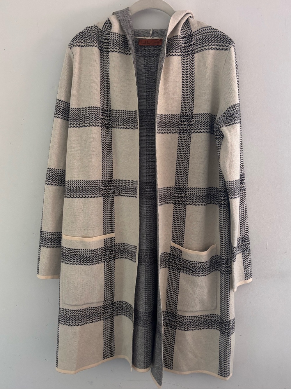 Belldini Hooded Plaid Knit Sweater Jacket M Long Open Front Cardigan Pockets